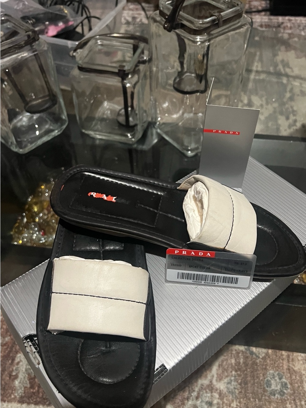 Prada Black & White Padded Leather Slide Mules - Picture 2 of 7